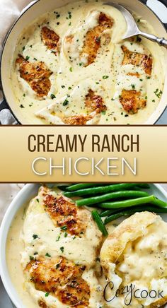 creamy ranch chicken is served in a skillet with green beans and mashed potatoes