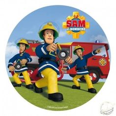 cartoon fireman sam and the rescue team is in front of a firetruck