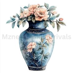 a blue vase with pink flowers painted on the side and leaves around it's sides