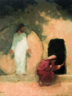 an oil painting of two people standing in front of a door and another person sitting on the ground