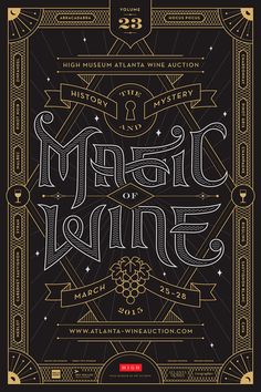 a poster with the words magic wine written in gold and black on a black background