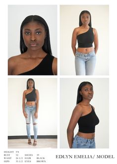 four different pictures of a woman in black top and jeans, with the same model