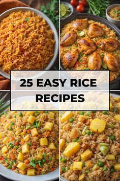 different pictures of rice and vegetables with the words 25 easy rice recipes