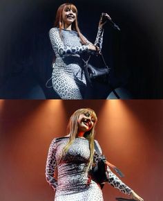 a woman with long hair standing in front of a microphone and wearing a leopard print dress