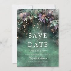 save the date card with purple flowers and greenery