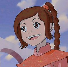 a cartoon girl with long brown hair wearing a pink shirt and smiling at the camera