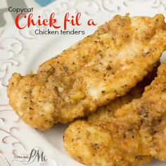 two chicken tenders on a white plate with the words copycat chick fil a