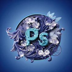 the letter d is surrounded by flowers and leaves on a blue background with an intricate design