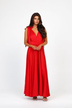 V-neck Bridesmaid Evening Dress With Pleated Bodice, Bridesmaid Evening Dress With Pleated Bodice And V-neck, Solid Sleeveless Gala Dress, Solid Color Sleeveless Gala Dress, Red Gown With Pleated Bodice For Evening, Red A-line Chiffon Dress, Red Evening Gown With Pleated Bodice, Red A-line Maxi Dress For Prom, Evening Gown With Pleated Bodice In Red