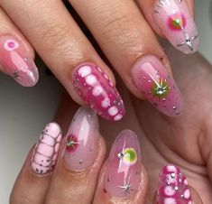 Pink And Green Short Nails, Pink Funky Nails, Pink Fairy Nails, Funky Gel Nails, Nostalgia Nails, Fun Pink Nails, Long Nails Aesthetic, Eccentric Nails, Eclectic Nails