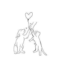 two dogs playing with a balloon in the shape of a heart on a white background