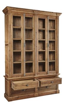 a large wooden cabinet with drawers and shelves