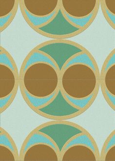 an art deco wallpaper pattern with circles in blue, brown and green colors on a white background