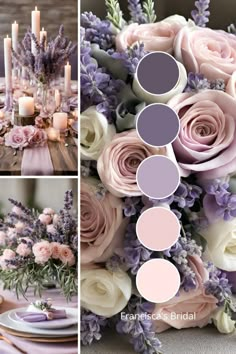 a collage of photos with flowers and candles in the center, lavender hues