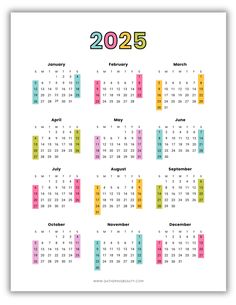 a calendar for the new year with colorful blocks on it and numbers in different colors