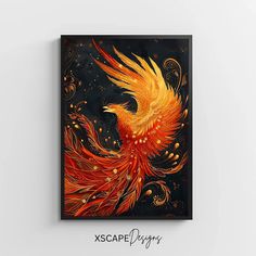 an orange and yellow bird with swirls on it's wings in the night sky