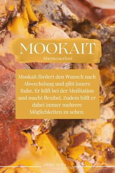 a close up of rocks with the words mookait in german and english on it