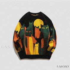 Lasaky - Cute Cartoon Cat Sweater: Loose Knitted Cardigan for Couples, Ideal as a Layering Piece Streetwear Male, Cat Sweater, Oversize Pullover, Knitted Cat, Streetwear Mode, Knit Bottom, Inspo Board, White Long Sleeve Shirt, Knitted Tops