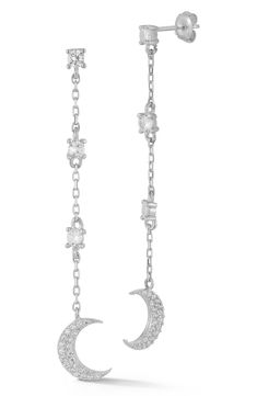 Show off celestial sparkle with crescent moon drop earrings illuminated by dainty cubic zirconia. 2 1/8" drop Post back Sterling silver/rhodium plate or 14k-gold plate/cubic zirconia Made in Turkey Moon Drop Earrings, Moon Drop, Marc Jacobs Handbag, Fall Accessories, How To Make Shoes, Moon Earrings, Keep Jewelry, Luxury Gifts