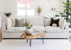 a living room with white couches and plants on the table in front of it