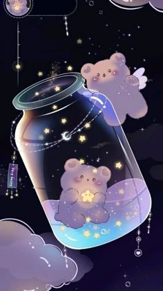 two teddy bears in a glass jar with stars and clouds around them on a night sky background