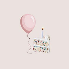 a piece of cake and a balloon on a pink background