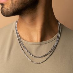 Details: 18K White Gold Plated: 18K White Gold over Copper base. 18K White Vermeil: 18K White Gold over .925 Sterling Silver base. Width: 5mm Length: 22"+24" Clasp Type: Lobster Lock Chain Stack, Gold Necklace For Men, Gold Bond, Silver Coat, Tiktok Style, White Gold Necklaces, Vermeil Jewelry, Jewelry Show, Solid Gold Jewelry