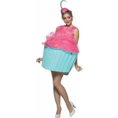 a woman in a pink and blue cupcake costume