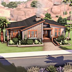 this is an artist's rendering of a house in the desert with palm trees