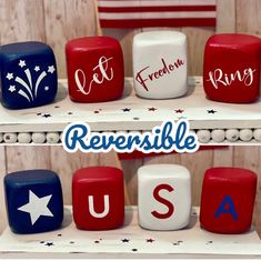 red, white and blue dices with the words reversible usa written on them