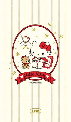 an image of hello kitty and teddy bear in a round frame with red ribbon around it