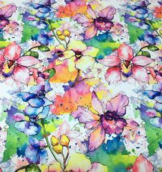 watercolor flowers on white background with ruler in foreground and blue, green, yellow, purple and pink colors