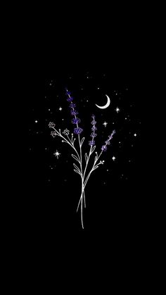 a purple flower with stars and the moon in the sky above it is shown on a black background