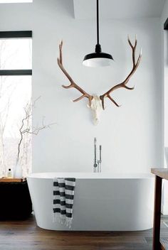 a white bathtub with antlers on the wall