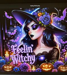 a woman with black hair wearing a witches hat and holding a candle in her hand