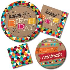 happy birthday badges and magnets on a white background