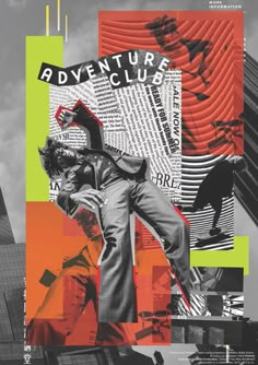 an advertisement for the adventure club featuring a man jumping in the air with his arms outstretched