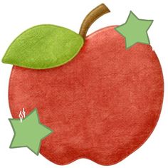 an apple with green leaves and star appliqued to it's side