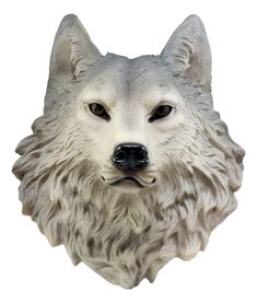 a white wolf's head with black eyes and long hair is shown in front of a white background