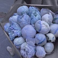 a bunch of blue flowers sitting in a paper bag on the ground next to a person