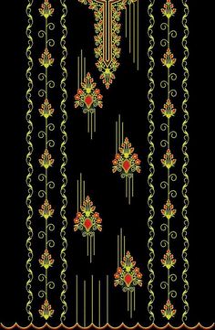 a black background with yellow and red designs on it