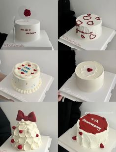 six different types of cakes with hearts and bows on them, all decorated in white frosting