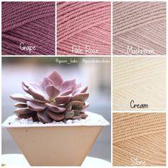 the different shades of yarn are shown in this collage, including pinks, creams, and purples