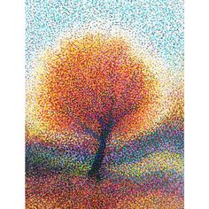 an abstract painting of a tree in the middle of a field with lots of dots all over it