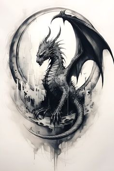 a black and white drawing of a dragon sitting in front of a cityscape