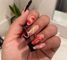 Dark Feminine Valentines Nails, Dark Valentine’s Day Nails, Red Nail Set Valentines, Crazy Valentines Day Nails, Cards Nails Design, Black Valentine’s Day Nails, Red And Black Valentines Day Nails, Anti Valentines Nails, Valentines Day Nails Black