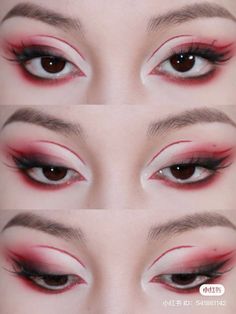 Villain Eye Makeup, Red Black And White Makeup, Red Black White Makeup, Red Makeup Looks Hooded Eyes, Simple Red And Black Makeup, Red Eye Looks Eyeshadows, Red Makeup Asian, Red And White Eye Makeup, Kitsune Eye Makeup