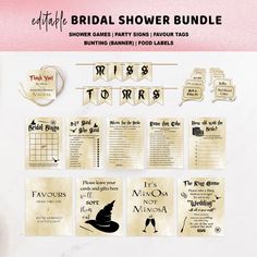 the bridal shower bundle includes games, party favors and food labels