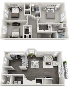 two bedroom apartment floor plans with one living room and the second bedroom in each unit