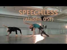 two people doing yoga in an empty room with the words speedless aladdin ost